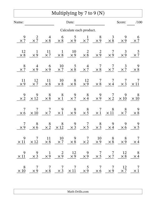 The Multiplying (1 to 12) by 7 to 9 (100 Questions) (N) Math Worksheet