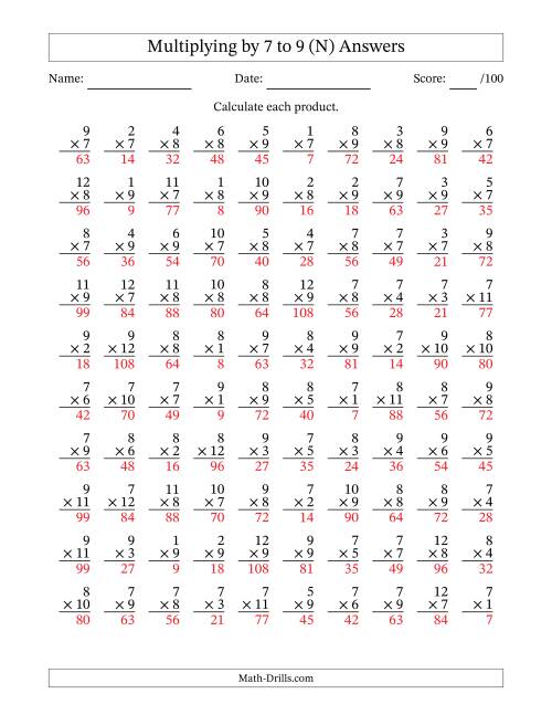 The Multiplying (1 to 12) by 7 to 9 (100 Questions) (N) Math Worksheet Page 2