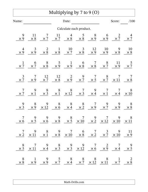 The Multiplying (1 to 12) by 7 to 9 (100 Questions) (O) Math Worksheet