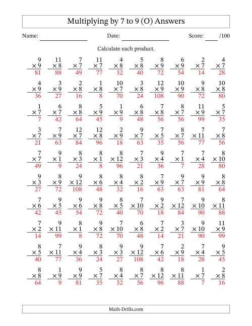 The Multiplying (1 to 12) by 7 to 9 (100 Questions) (O) Math Worksheet Page 2