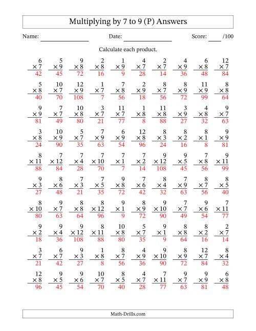 The Multiplying (1 to 12) by 7 to 9 (100 Questions) (P) Math Worksheet Page 2