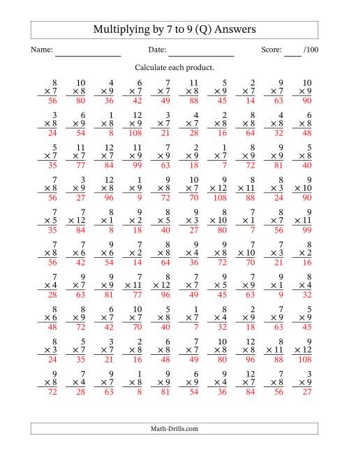 The Multiplying (1 to 12) by 7 to 9 (100 Questions) (Q) Math Worksheet Page 2