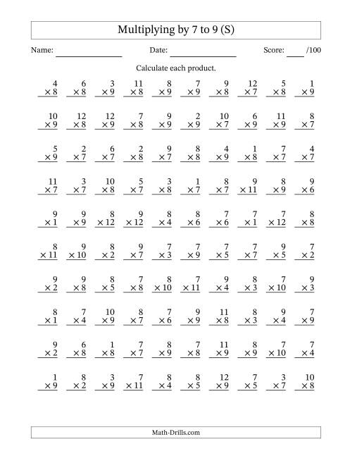 The Multiplying (1 to 12) by 7 to 9 (100 Questions) (S) Math Worksheet