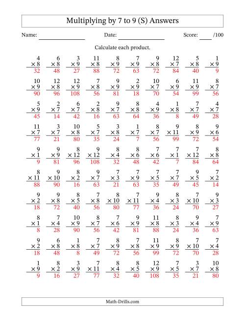 The Multiplying (1 to 12) by 7 to 9 (100 Questions) (S) Math Worksheet Page 2