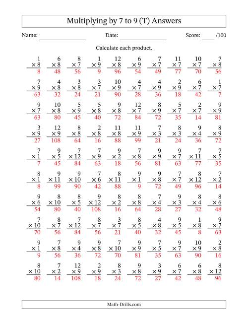 The Multiplying (1 to 12) by 7 to 9 (100 Questions) (T) Math Worksheet Page 2