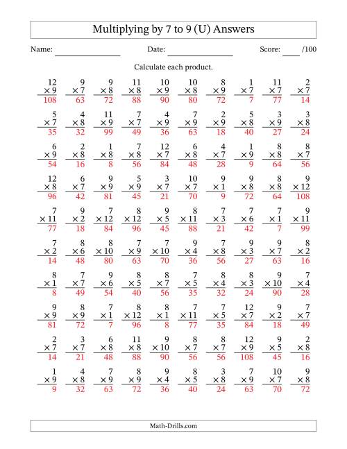 The Multiplying (1 to 12) by 7 to 9 (100 Questions) (U) Math Worksheet Page 2