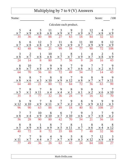 The Multiplying (1 to 12) by 7 to 9 (100 Questions) (V) Math Worksheet Page 2