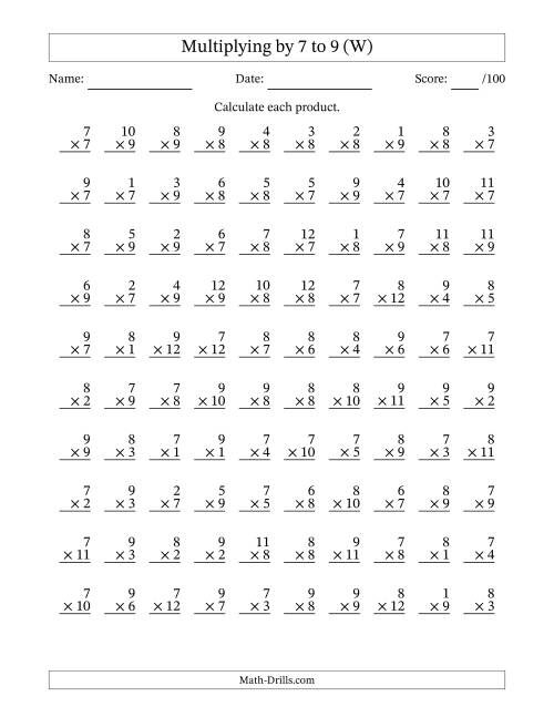 The Multiplying (1 to 12) by 7 to 9 (100 Questions) (W) Math Worksheet