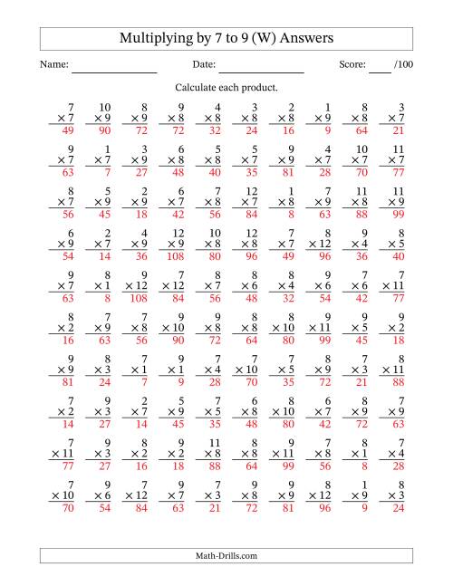 The Multiplying (1 to 12) by 7 to 9 (100 Questions) (W) Math Worksheet Page 2