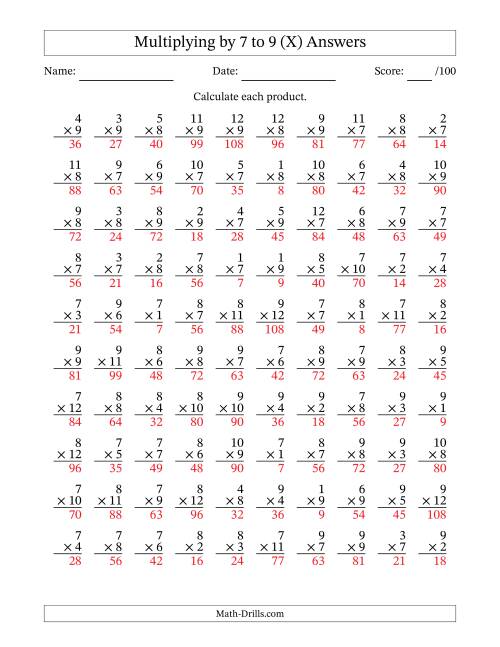 The Multiplying (1 to 12) by 7 to 9 (100 Questions) (X) Math Worksheet Page 2