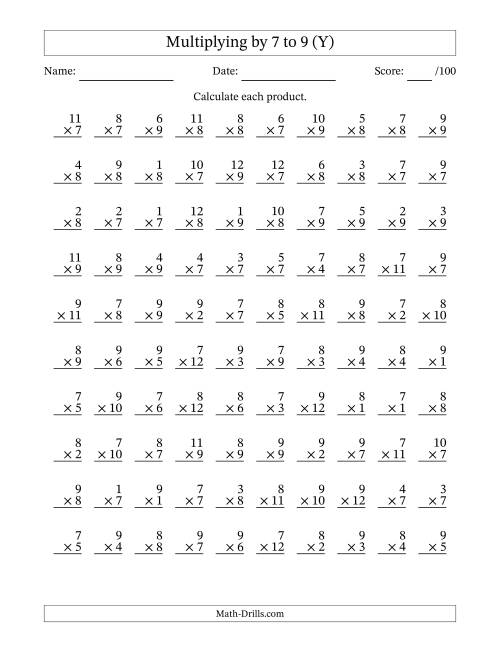 The Multiplying (1 to 12) by 7 to 9 (100 Questions) (Y) Math Worksheet