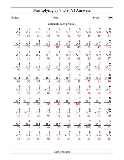 The Multiplying (1 to 12) by 7 to 9 (100 Questions) (Y) Math Worksheet Page 2