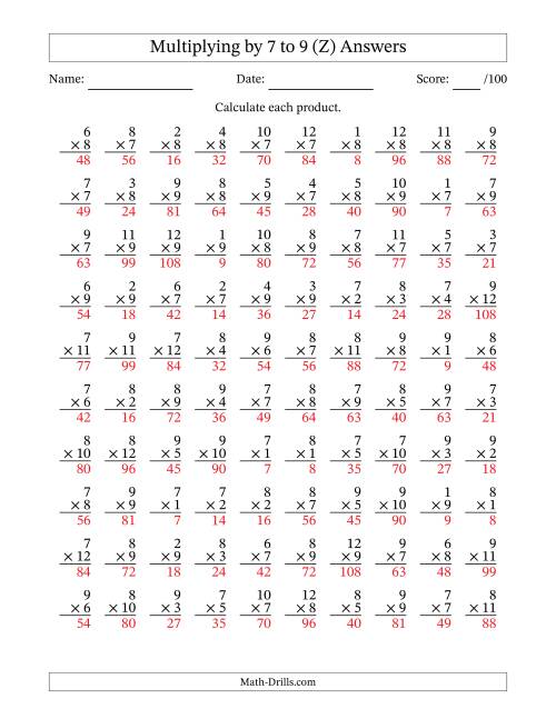The Multiplying (1 to 12) by 7 to 9 (100 Questions) (Z) Math Worksheet Page 2