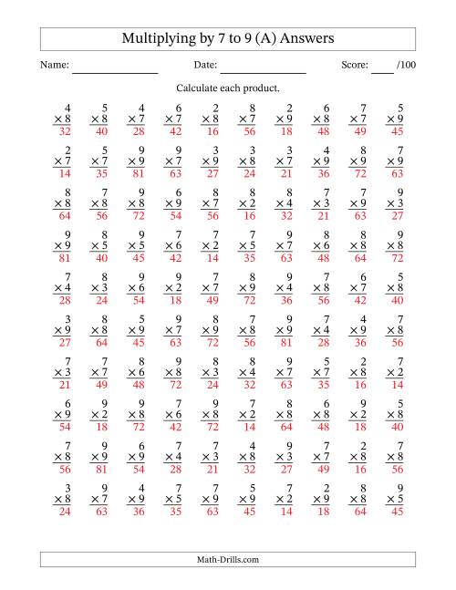 The Multiplying (2 to 9) by 7 to 9 (100 Questions) (A) Math Worksheet Page 2