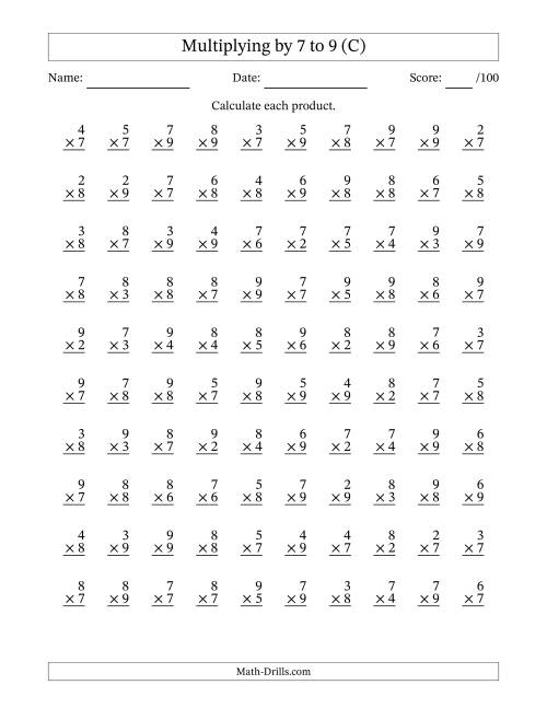 The Multiplying (2 to 9) by 7 to 9 (100 Questions) (C) Math Worksheet