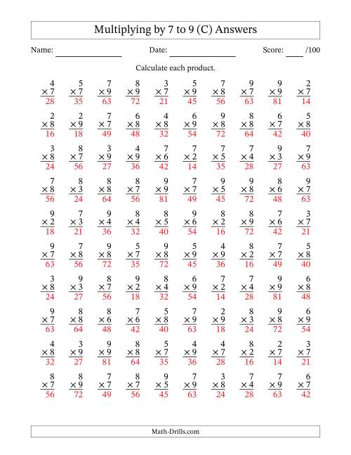 The Multiplying (2 to 9) by 7 to 9 (100 Questions) (C) Math Worksheet Page 2
