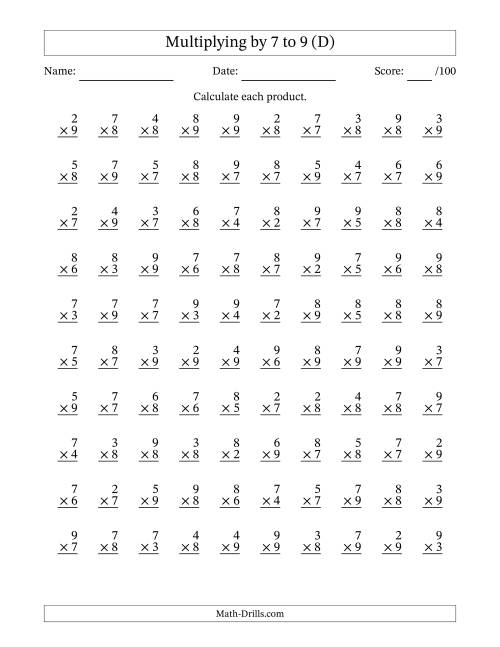 The Multiplying (2 to 9) by 7 to 9 (100 Questions) (D) Math Worksheet