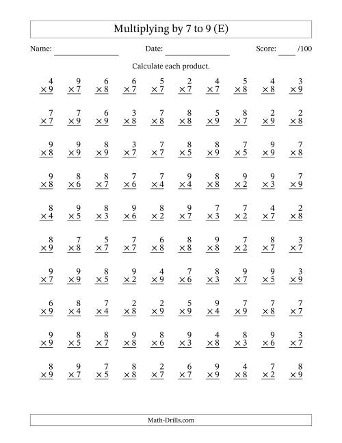 The Multiplying (2 to 9) by 7 to 9 (100 Questions) (E) Math Worksheet