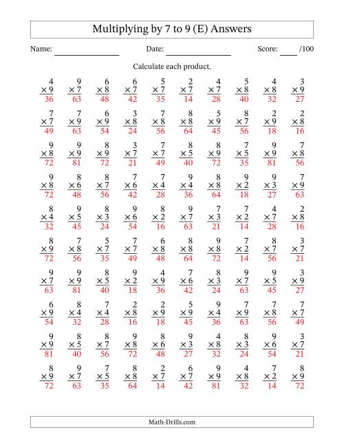 The Multiplying (2 to 9) by 7 to 9 (100 Questions) (E) Math Worksheet Page 2