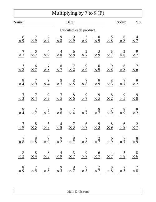 The Multiplying (2 to 9) by 7 to 9 (100 Questions) (F) Math Worksheet