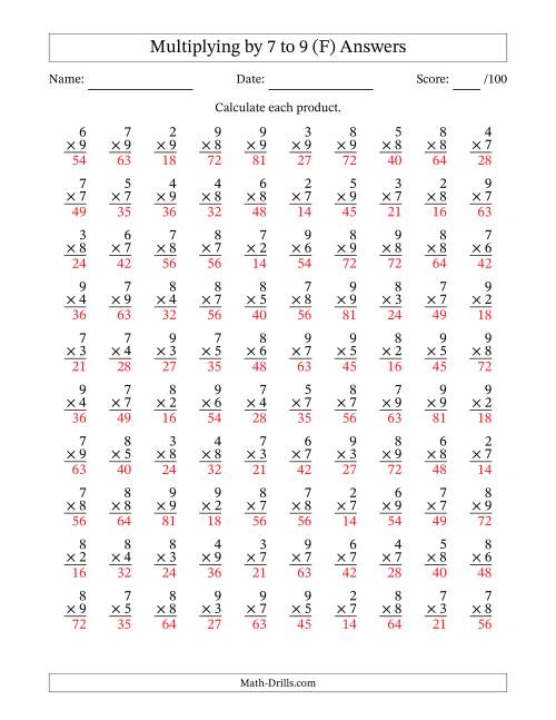 The Multiplying (2 to 9) by 7 to 9 (100 Questions) (F) Math Worksheet Page 2