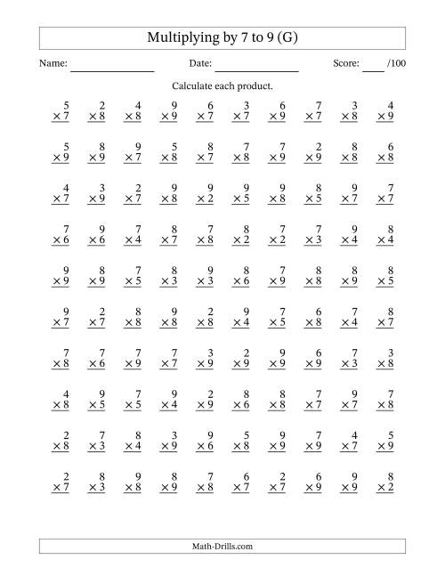The Multiplying (2 to 9) by 7 to 9 (100 Questions) (G) Math Worksheet