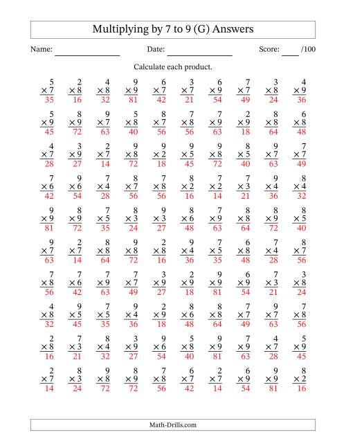 The Multiplying (2 to 9) by 7 to 9 (100 Questions) (G) Math Worksheet Page 2