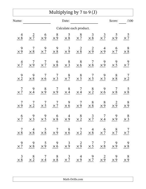 The Multiplying (2 to 9) by 7 to 9 (100 Questions) (J) Math Worksheet