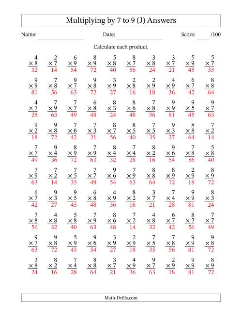 The Multiplying (2 to 9) by 7 to 9 (100 Questions) (J) Math Worksheet Page 2