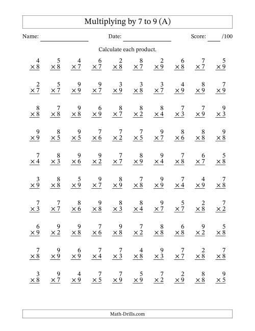 The Multiplying (2 to 9) by 7 to 9 (100 Questions) (All) Math Worksheet
