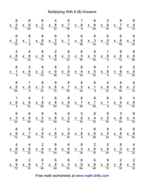 The 100 Vertical Questions -- Multiplication Facts -- 8 by 1-9 (B) Math Worksheet Page 2