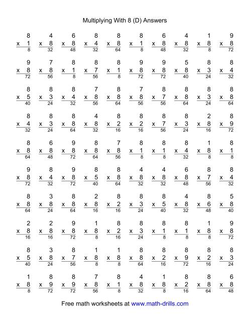 The 100 Vertical Questions -- Multiplication Facts -- 8 by 1-9 (D) Math Worksheet Page 2