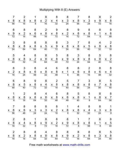 The 100 Vertical Questions -- Multiplication Facts -- 8 by 1-9 (E) Math Worksheet Page 2