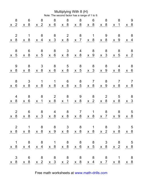 The 100 Vertical Questions -- Multiplication Facts -- 8 by 1-9 (H) Math Worksheet