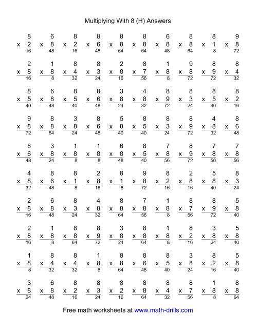 The 100 Vertical Questions -- Multiplication Facts -- 8 by 1-9 (H) Math Worksheet Page 2
