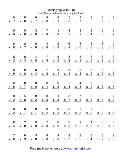 The 100 Vertical Questions -- Multiplication Facts -- 8 by 1-9 (I) Math Worksheet