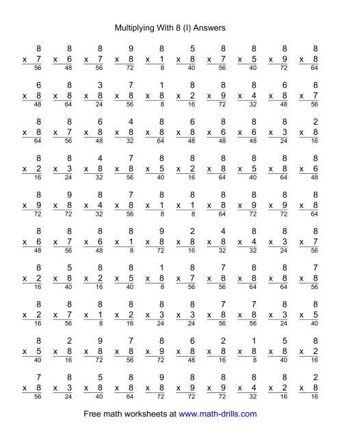 The 100 Vertical Questions -- Multiplication Facts -- 8 by 1-9 (I) Math Worksheet Page 2