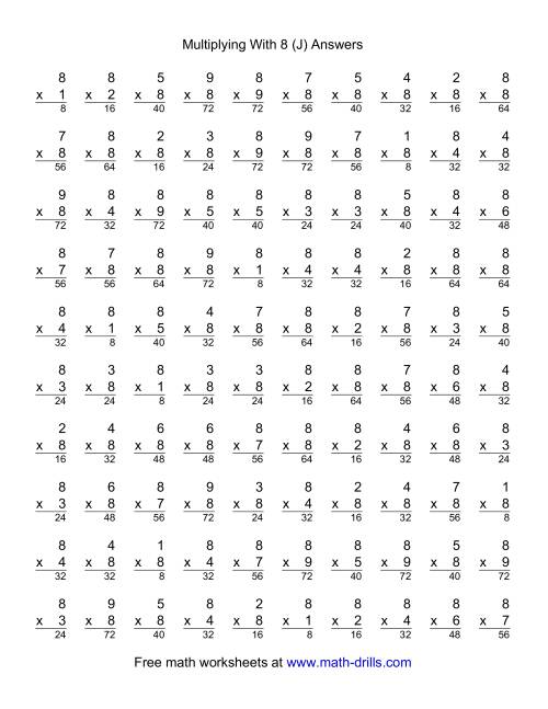 The 100 Vertical Questions -- Multiplication Facts -- 8 by 1-9 (J) Math Worksheet Page 2