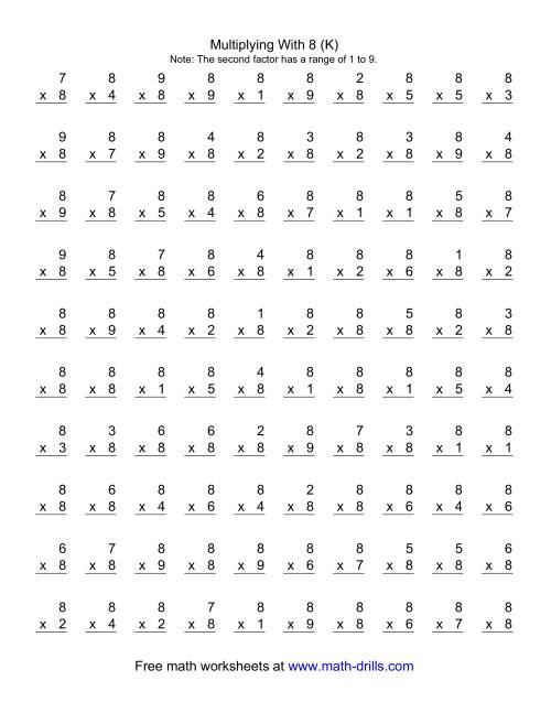 The 100 Vertical Questions -- Multiplication Facts -- 8 by 1-9 (K) Math Worksheet
