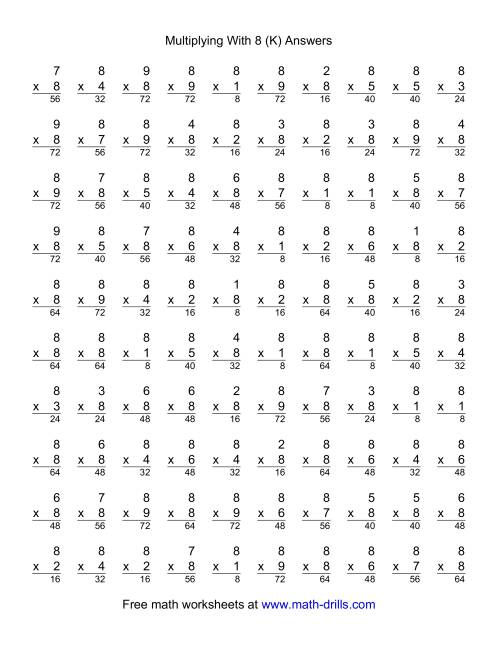 The 100 Vertical Questions -- Multiplication Facts -- 8 by 1-9 (K) Math Worksheet Page 2
