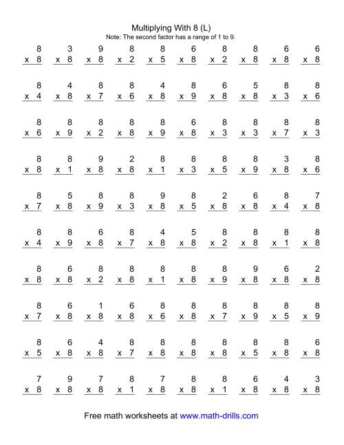 The 100 Vertical Questions -- Multiplication Facts -- 8 by 1-9 (L) Math Worksheet