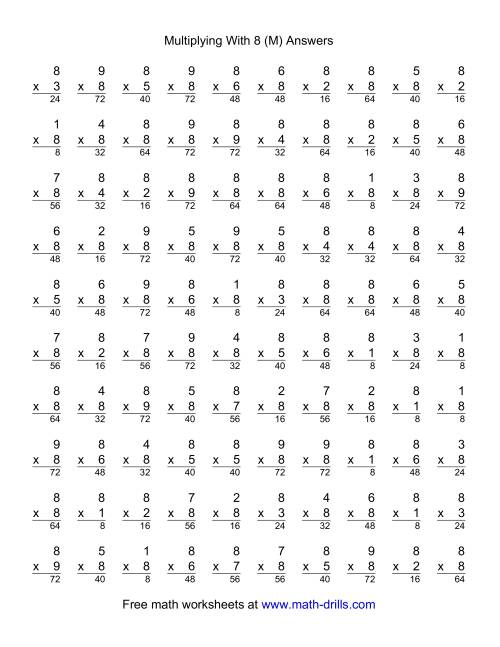 The 100 Vertical Questions -- Multiplication Facts -- 8 by 1-9 (M) Math Worksheet Page 2
