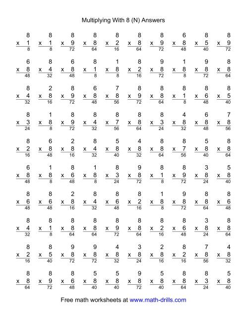The 100 Vertical Questions -- Multiplication Facts -- 8 by 1-9 (N) Math Worksheet Page 2