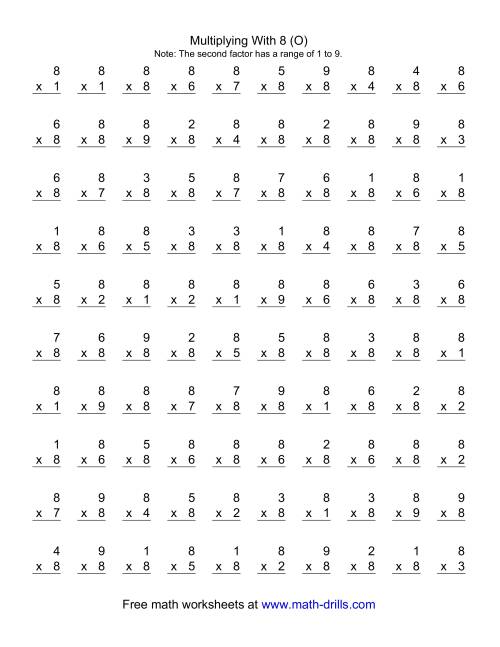 The 100 Vertical Questions -- Multiplication Facts -- 8 by 1-9 (O) Math Worksheet