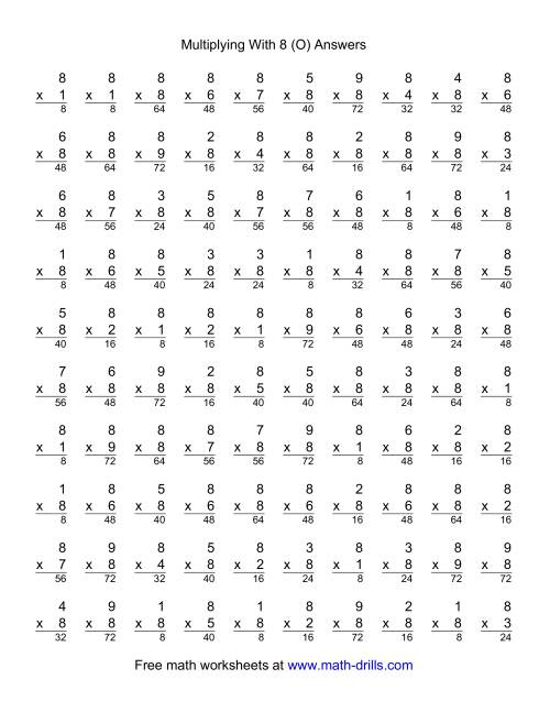 The 100 Vertical Questions -- Multiplication Facts -- 8 by 1-9 (O) Math Worksheet Page 2