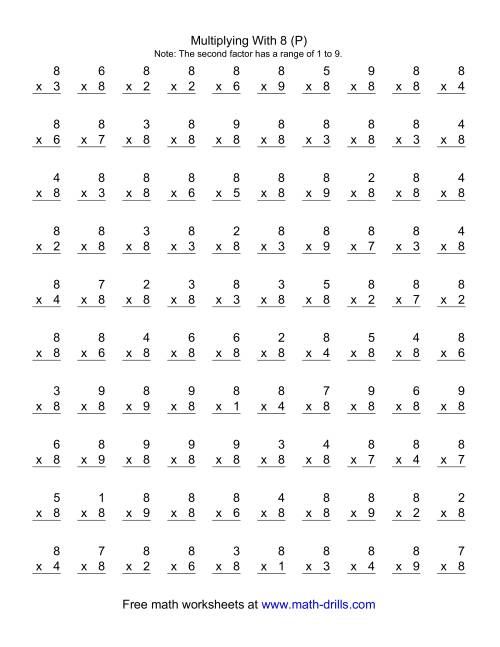 The 100 Vertical Questions -- Multiplication Facts -- 8 by 1-9 (P) Math Worksheet