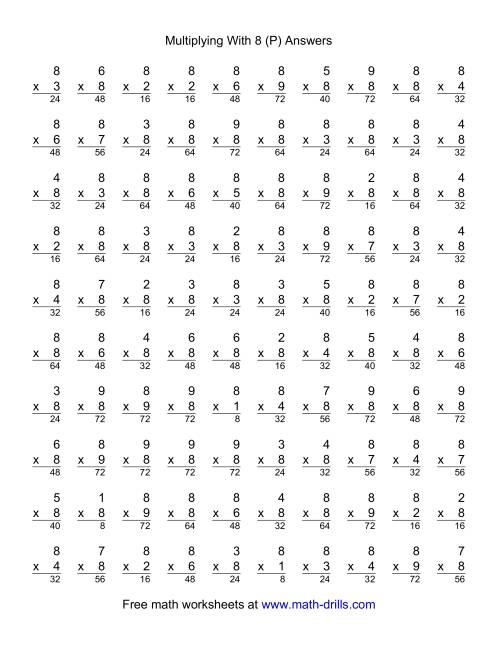 The 100 Vertical Questions -- Multiplication Facts -- 8 by 1-9 (P) Math Worksheet Page 2