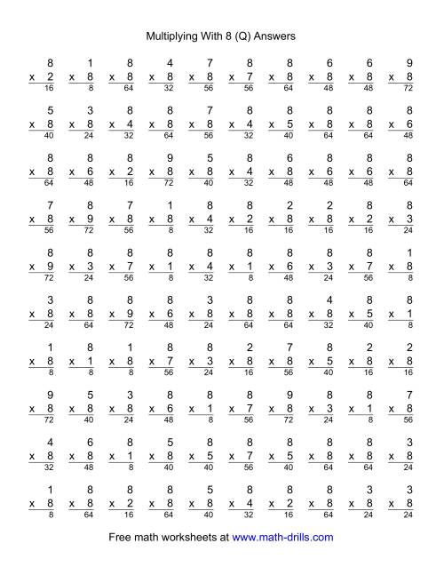 The 100 Vertical Questions -- Multiplication Facts -- 8 by 1-9 (Q) Math Worksheet Page 2