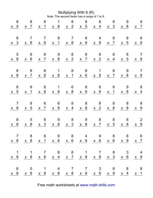 The 100 Vertical Questions -- Multiplication Facts -- 8 by 1-9 (R) Math Worksheet