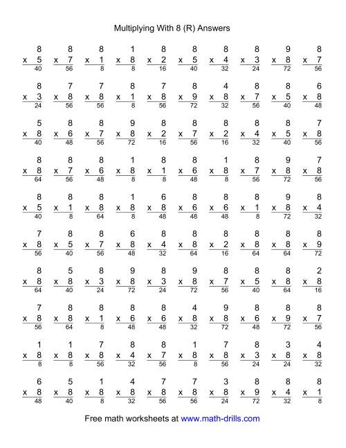 The 100 Vertical Questions -- Multiplication Facts -- 8 by 1-9 (R) Math Worksheet Page 2
